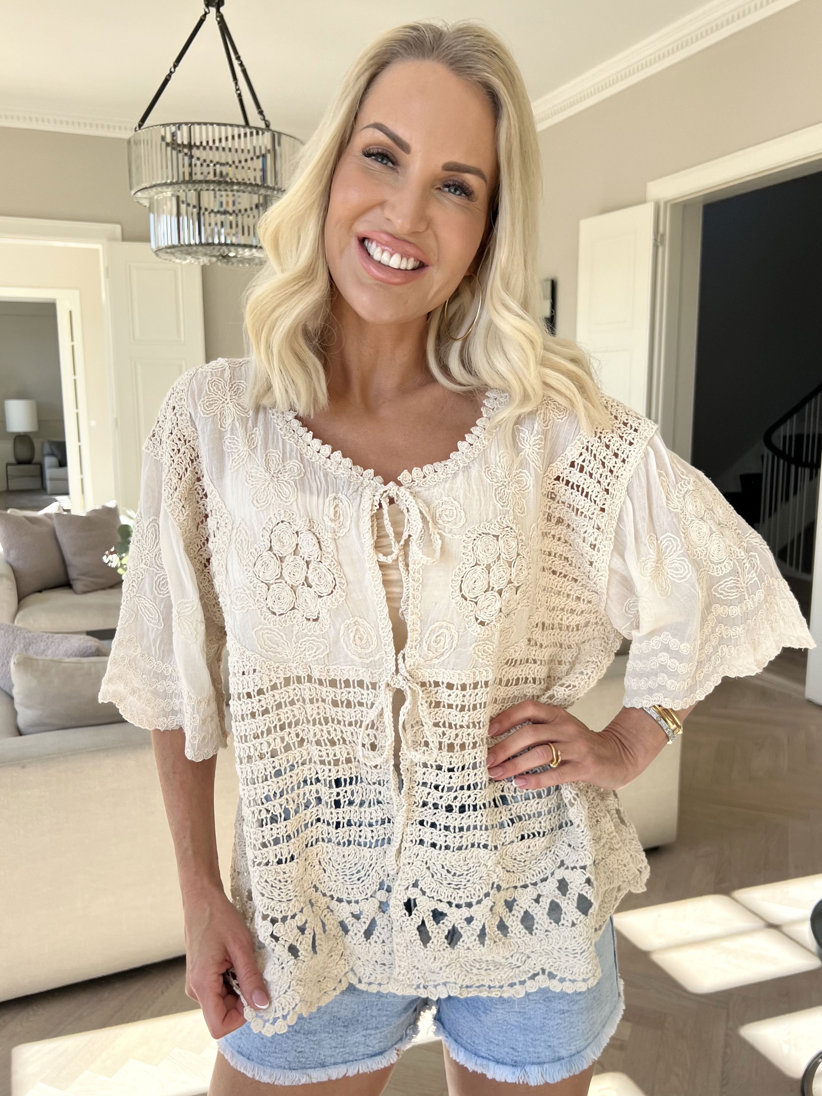 Agnes - Kort hæklet cardigan i bomuld